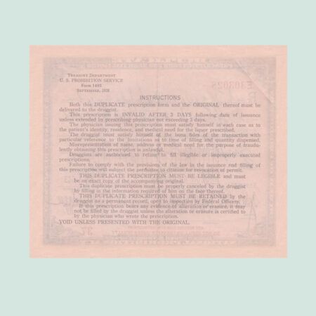 Personalized Whiskey Prescription document back view – 1931 Prohibition-era reproduction
