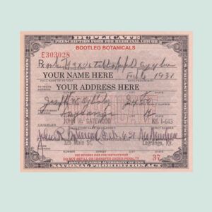 Personalized Whiskey Prescription document front view – 1931 Prohibition-era reproduction